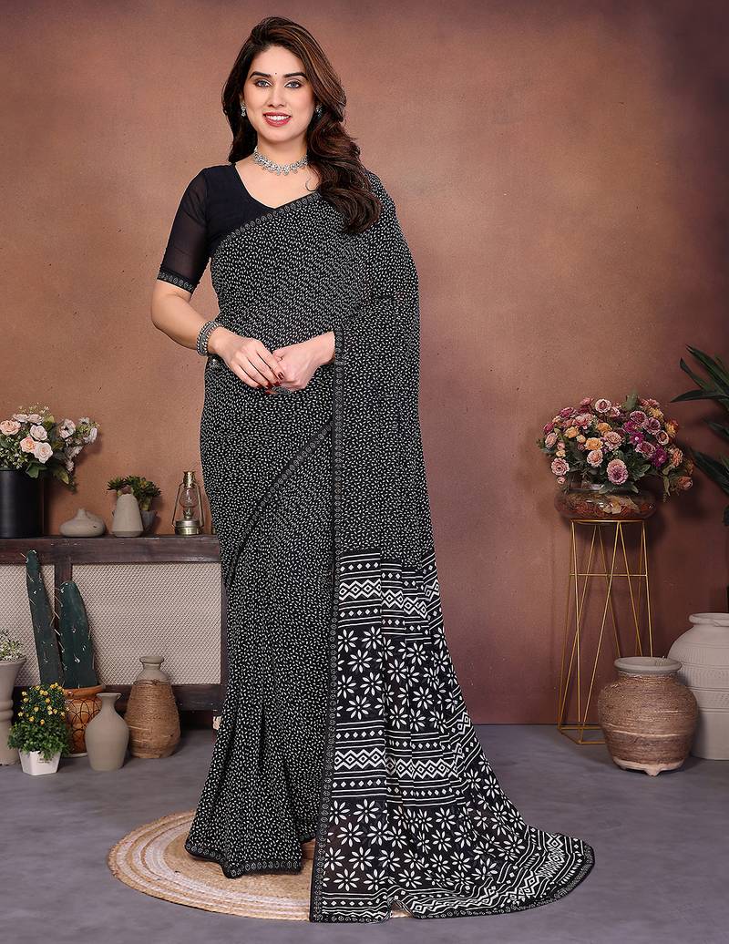 black floral georgette saree with lace border & blouse piece