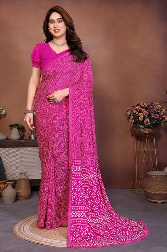 pink floral georgette saree with lace border & blouse piece