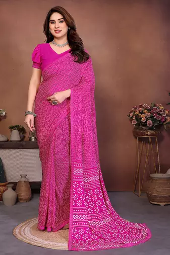 pink floral georgette saree with lace border & blouse piece