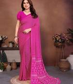 pink floral georgette saree with lace border & blouse piece