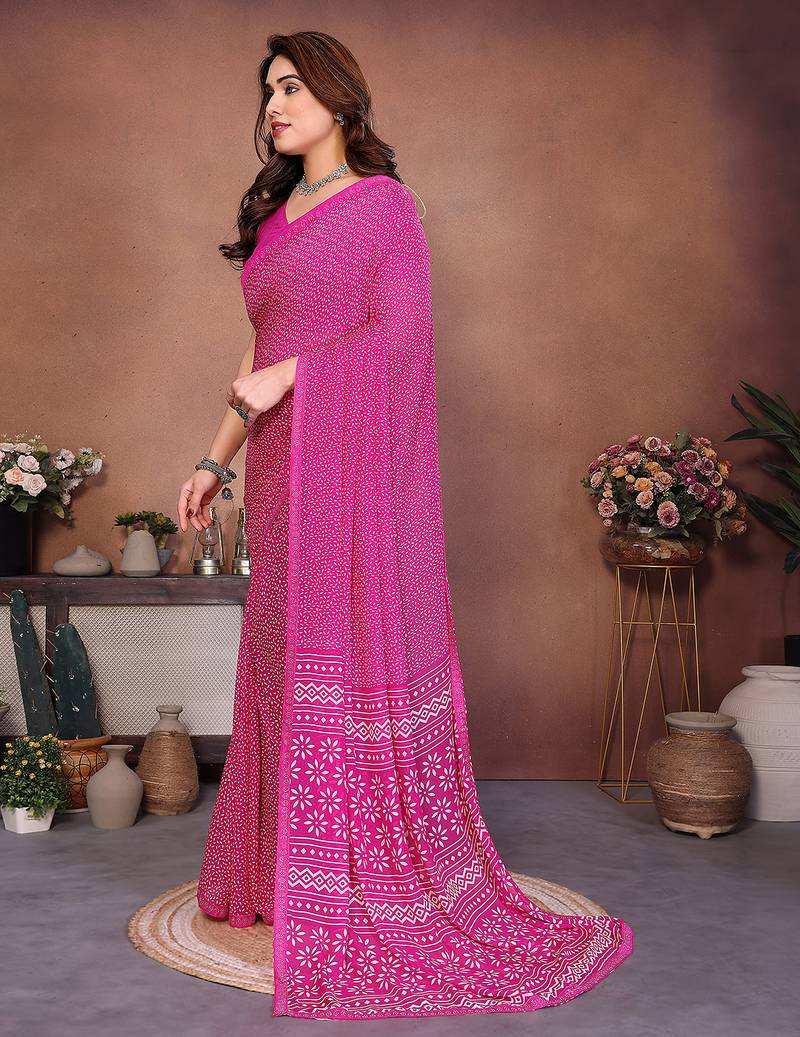 pink floral georgette saree with lace border & blouse piece