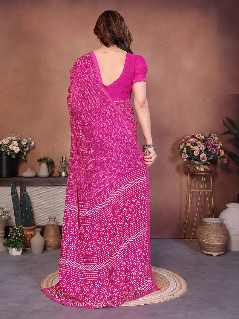 pink floral georgette saree with lace border & blouse piece