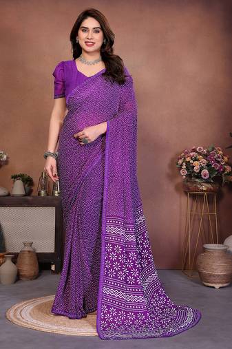   purple floral georgette saree with lace border & blouse piece