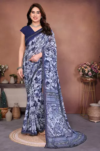 blue geometric print georgette saree with lace border & blouse piece