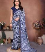 blue geometric print georgette saree with lace border & blouse piece