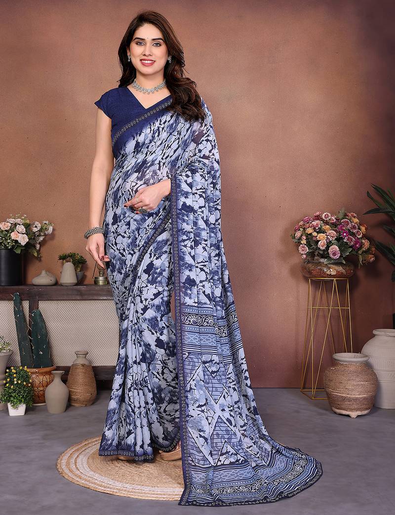 blue geometric print georgette saree with lace border & blouse piece
