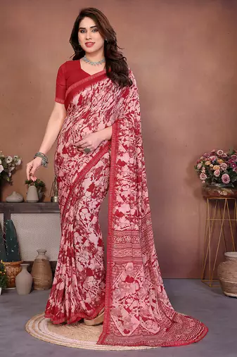 pink floral georgette saree with lace border & blouse piece