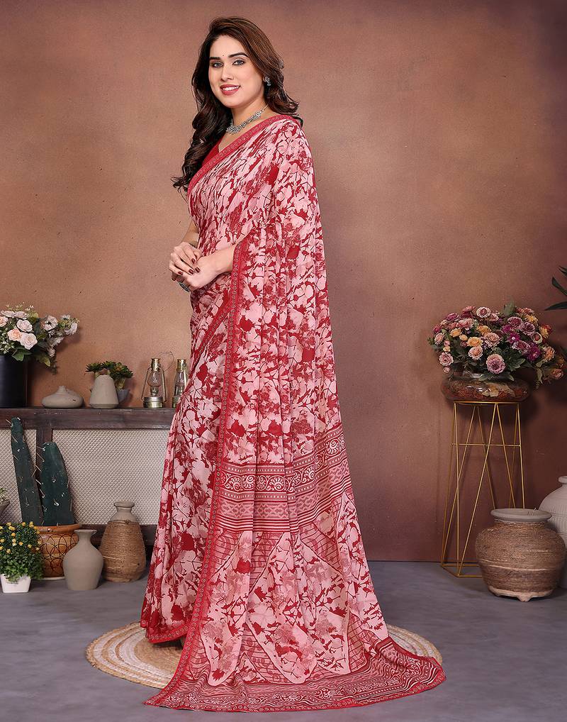 pink floral georgette saree with lace border & blouse piece