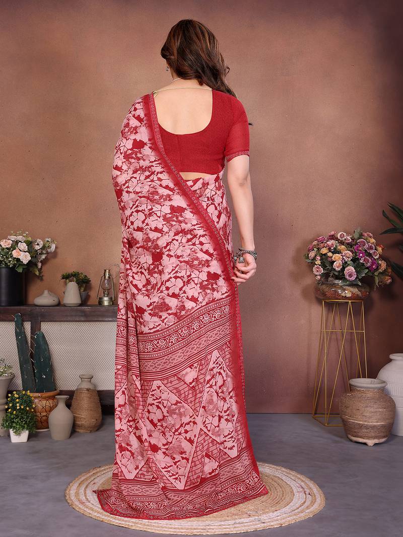 pink floral georgette saree with lace border & blouse piece