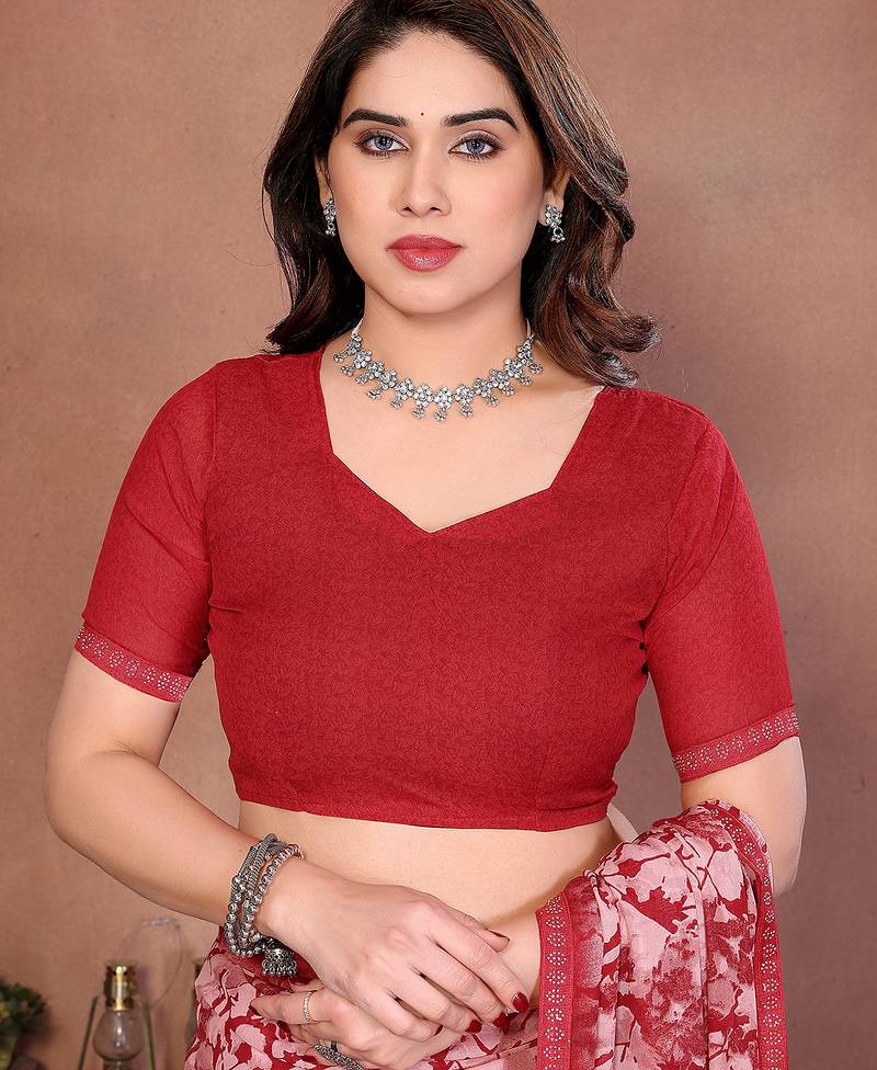 pink floral georgette saree with lace border & blouse piece