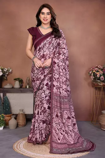magenta geometric print georgette saree with lace border & blouse piece
