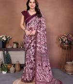 magenta geometric print georgette saree with lace border & blouse piece