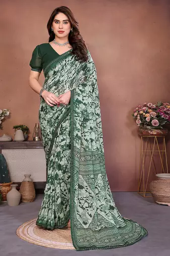 green geometric print georgette saree with lace border & blouse piece
