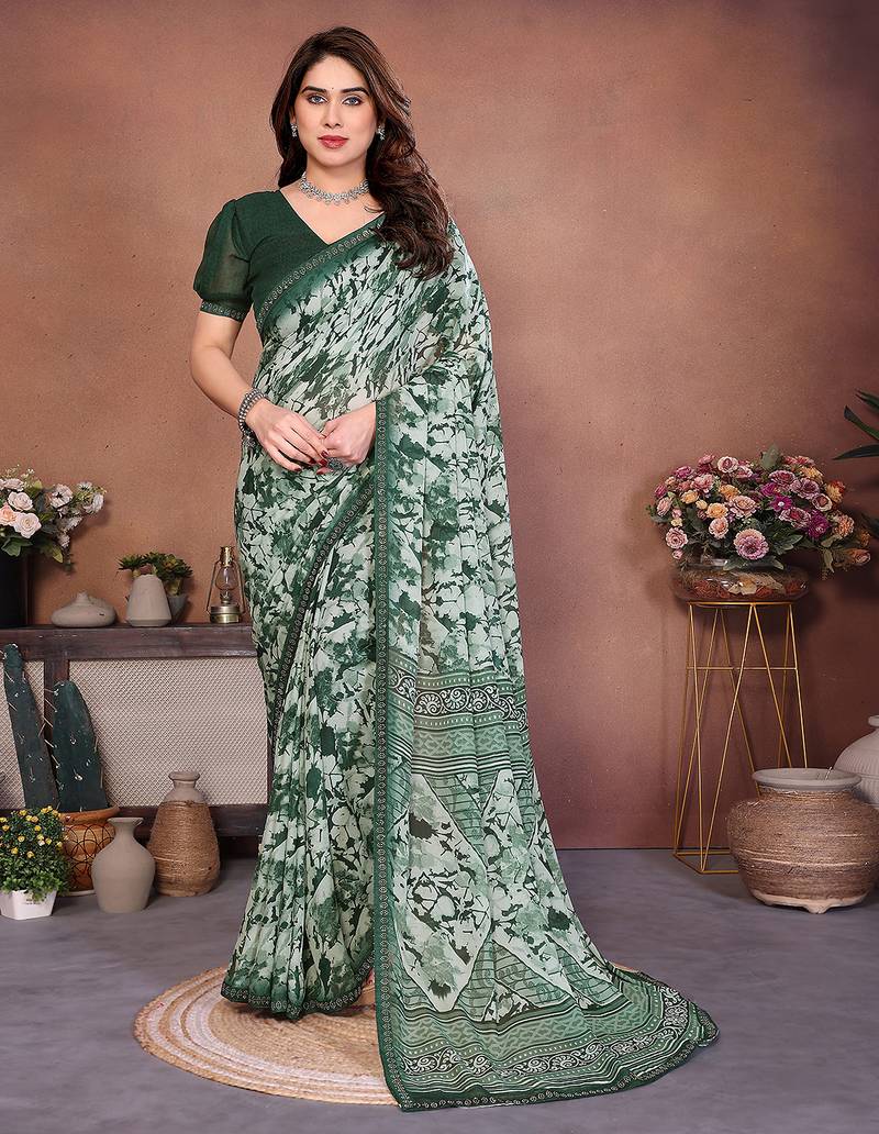 green geometric print georgette saree with lace border & blouse piece