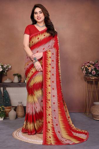 pink geometric print georgette saree with lace border & blouse piece