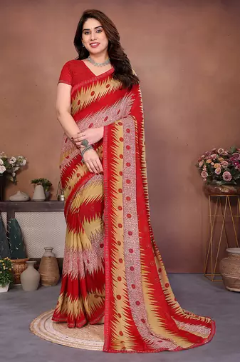 pink geometric print georgette saree with lace border & blouse piece