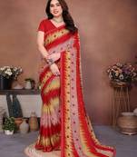 pink geometric print georgette saree with lace border & blouse piece