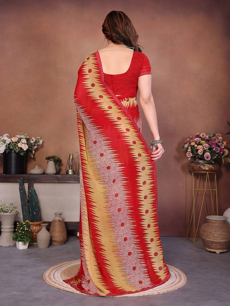 pink geometric print georgette saree with lace border & blouse piece