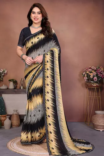 black geometric print georgette saree with lace border & blouse piece