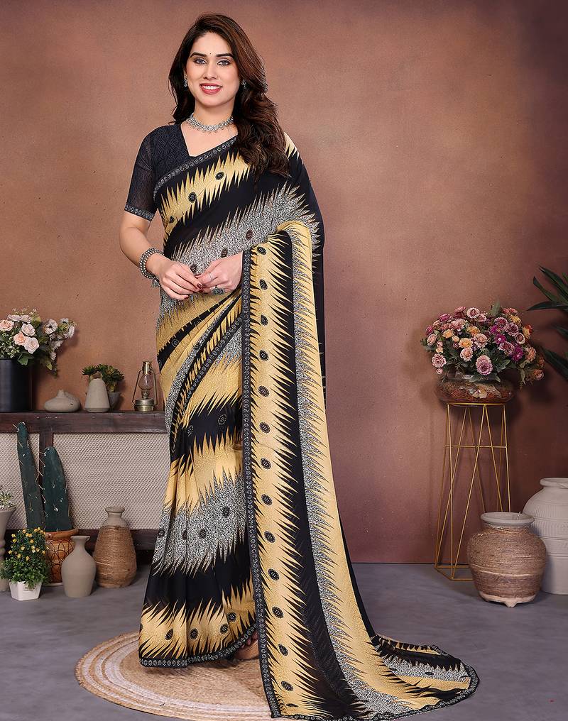 black geometric print georgette saree with lace border & blouse piece