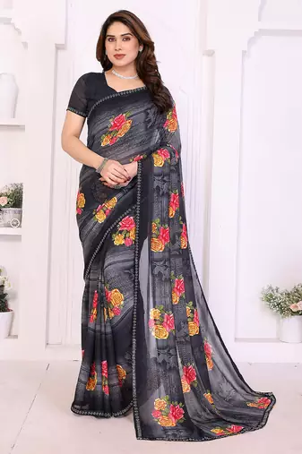 black floral georgette saree with lace border & blouse piece