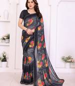 black floral georgette saree with lace border & blouse piece
