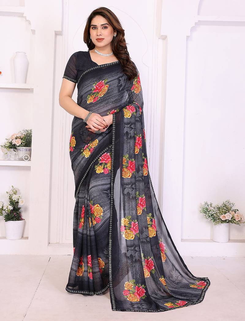 black floral georgette saree with lace border & blouse piece