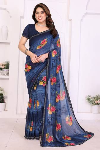 blue floral georgette saree with lace border & blouse piece
