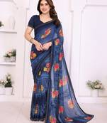 blue floral georgette saree with lace border & blouse piece