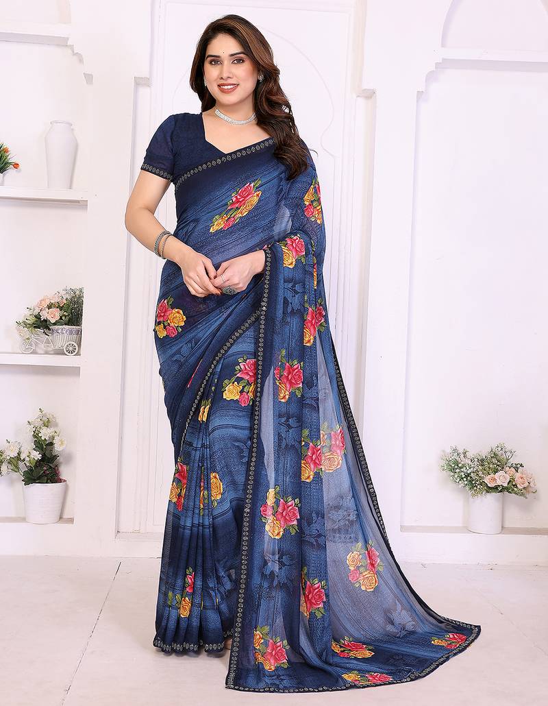 blue floral georgette saree with lace border & blouse piece