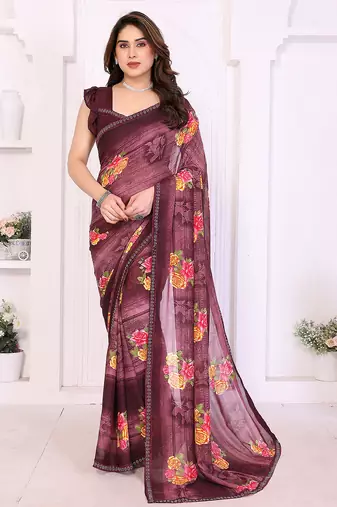 maroon floral georgette saree with lace border & blouse piece