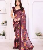 maroon floral georgette saree with lace border & blouse piece