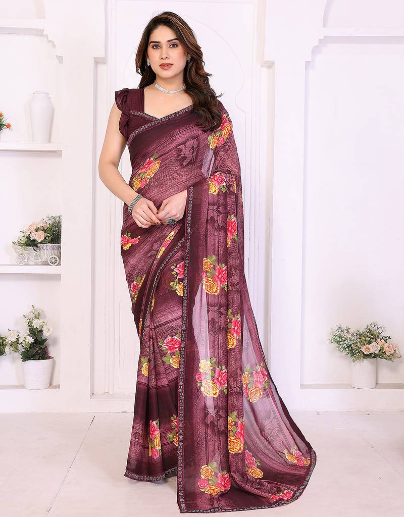 maroon floral georgette saree with lace border & blouse piece
