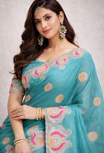 Blue Color Soft Silk Georgette Embroidered Saree