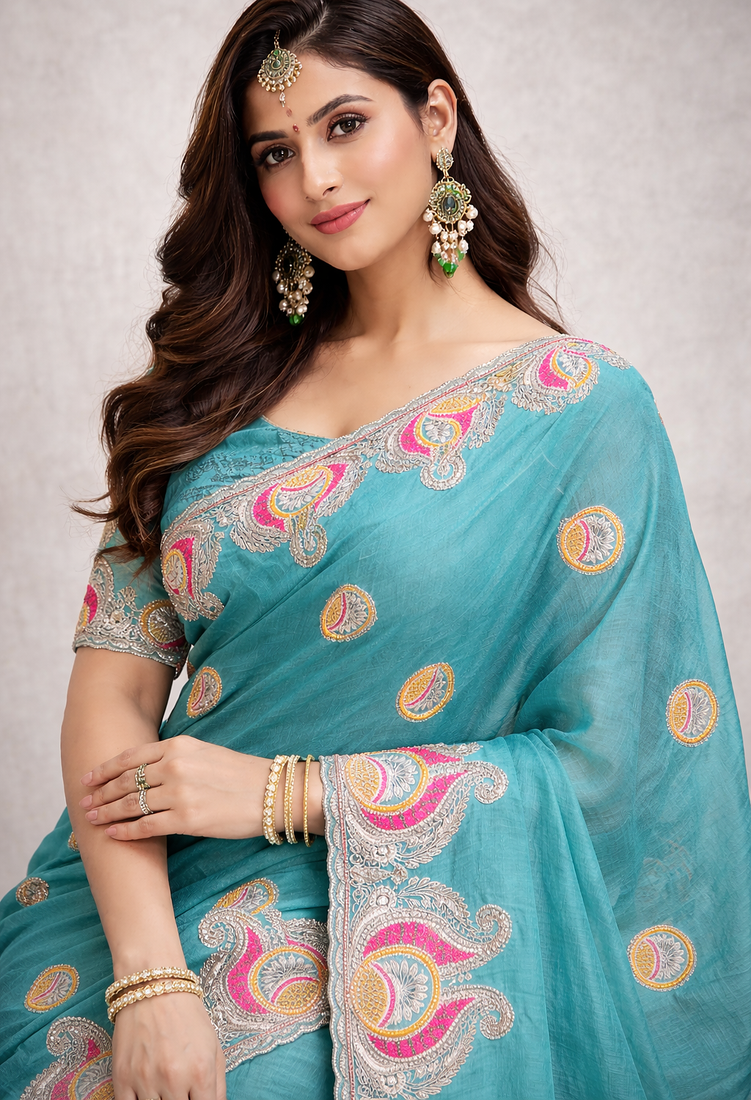 Blue Color Soft Silk Georgette Embroidered Saree