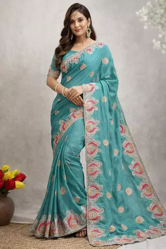 Blue Color Soft Silk Georgette Embroidered Saree