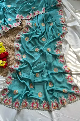 Blue Color Soft Silk Georgette Embroidered Saree