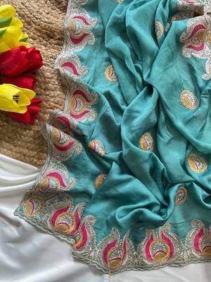 Blue Color Soft Silk Georgette Embroidered Saree 4
