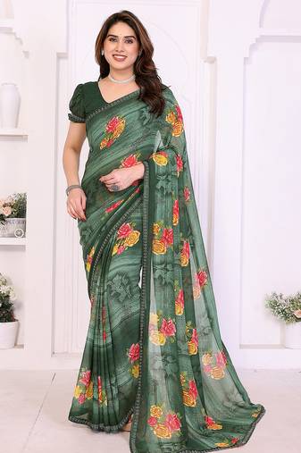 green floral georgette saree with lace border & blouse piece