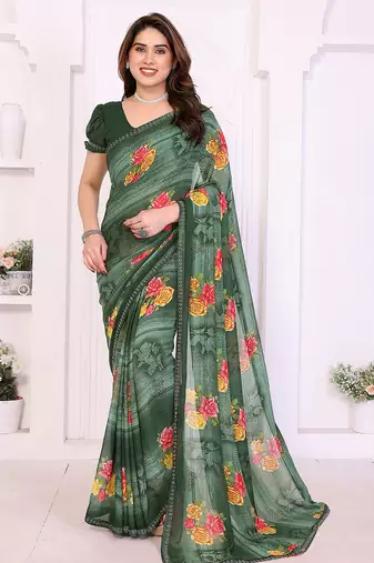 green floral georgette saree with lace border & blouse piece
