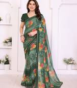 green floral georgette saree with lace border & blouse piece