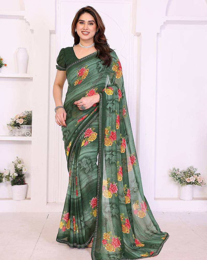 green floral georgette saree with lace border & blouse piece