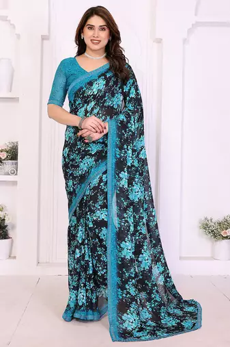 blue floral georgette saree with lace border & blouse piece