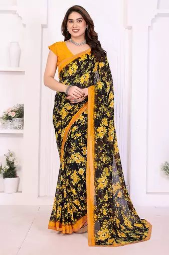   yellow floral georgette saree with lace border & blouse piece