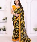  yellow floral georgette saree with lace border & blouse piece