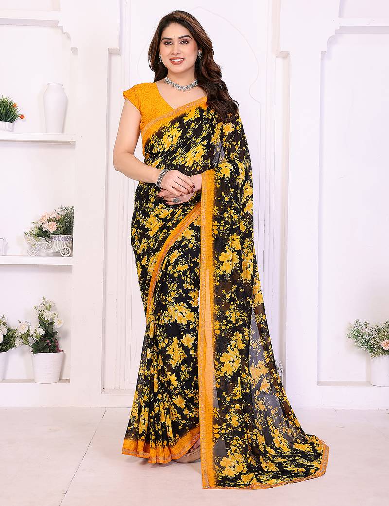  yellow floral georgette saree with lace border & blouse piece