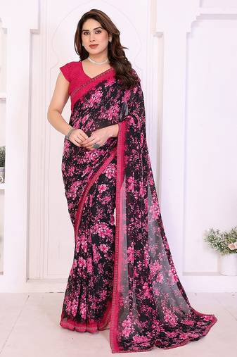 pink floral georgette saree with lace border & blouse piece