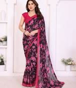 pink floral georgette saree with lace border & blouse piece