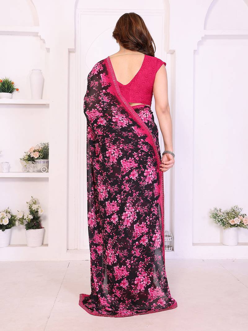 pink floral georgette saree with lace border & blouse piece