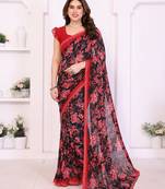 red floral georgette saree with lace border & blouse piece